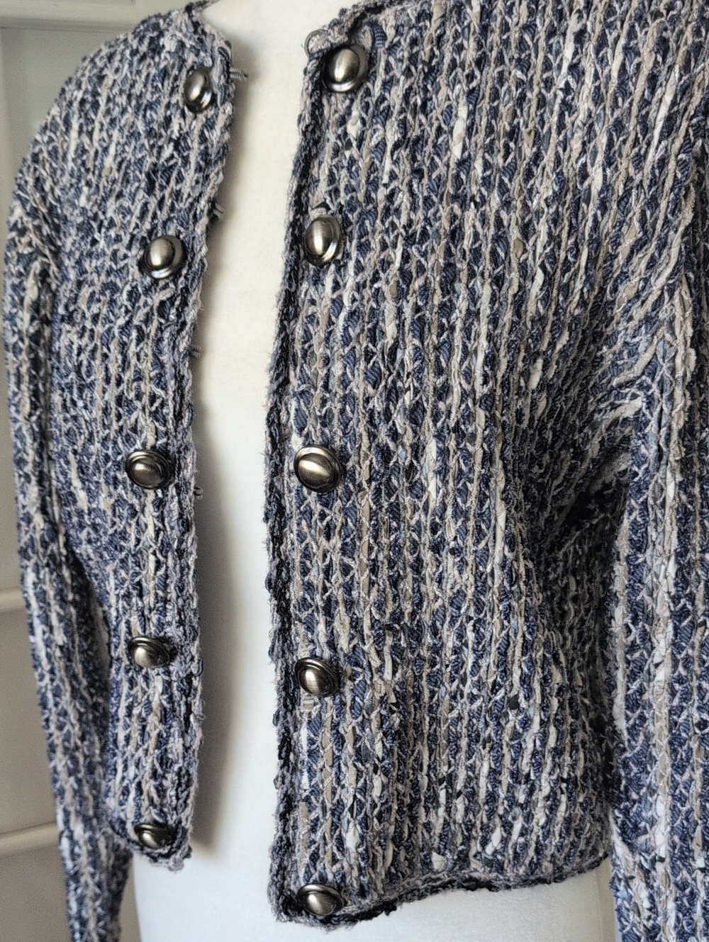 Estelle Womens Blue & Cream Textured Knit Tweed Cardigan Blazer Medium - Picture 2 of 12